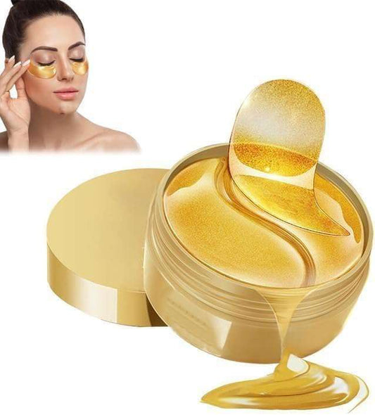 24k gold eye patches in gold jar with woman applying under-eye patches for dark circles and puffiness