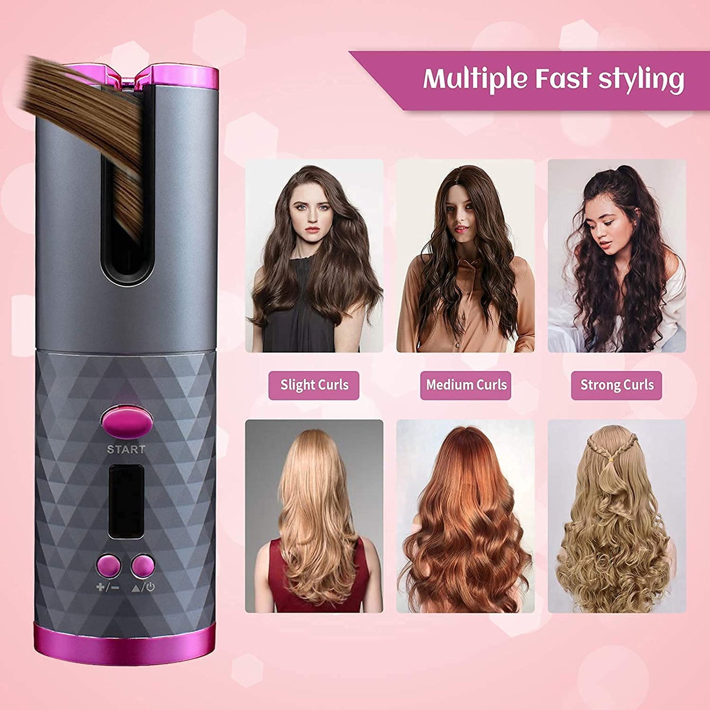Skywell Wireless Auto Hair Curler with LCD Display USB Rechargeable Fast Heating Anti - Tangle Ceramic Barrel Portable Cordless Curling Iron for Travel & Home Short & Long Hair Heats Up Quick - LIKKA BEAUTY