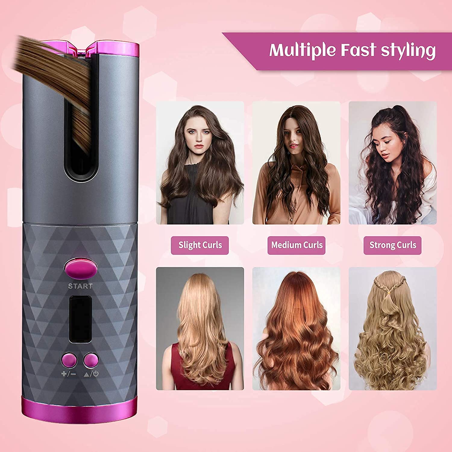 Skywell Wireless Auto Hair Curler with LCD Display USB Rechargeable Fast Heating Anti - Tangle Ceramic Barrel Portable Cordless Curling Iron for Travel & Home Short & Long Hair Heats Up Quick - LIKKA BEAUTY