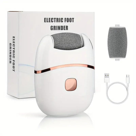 Rechargeable callus remover electric foot grinder with two-speed control, USB charging, and replacement grinding heads for pedicure and dead skin removal